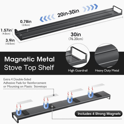 Bumusty 4X Strong Magnetic Shelf for Stove Top, 30" Adjustable Oven Shelf Spice Rack Over the Stove, Seasoning Organizer Kitchen Shelves, Matte Black
