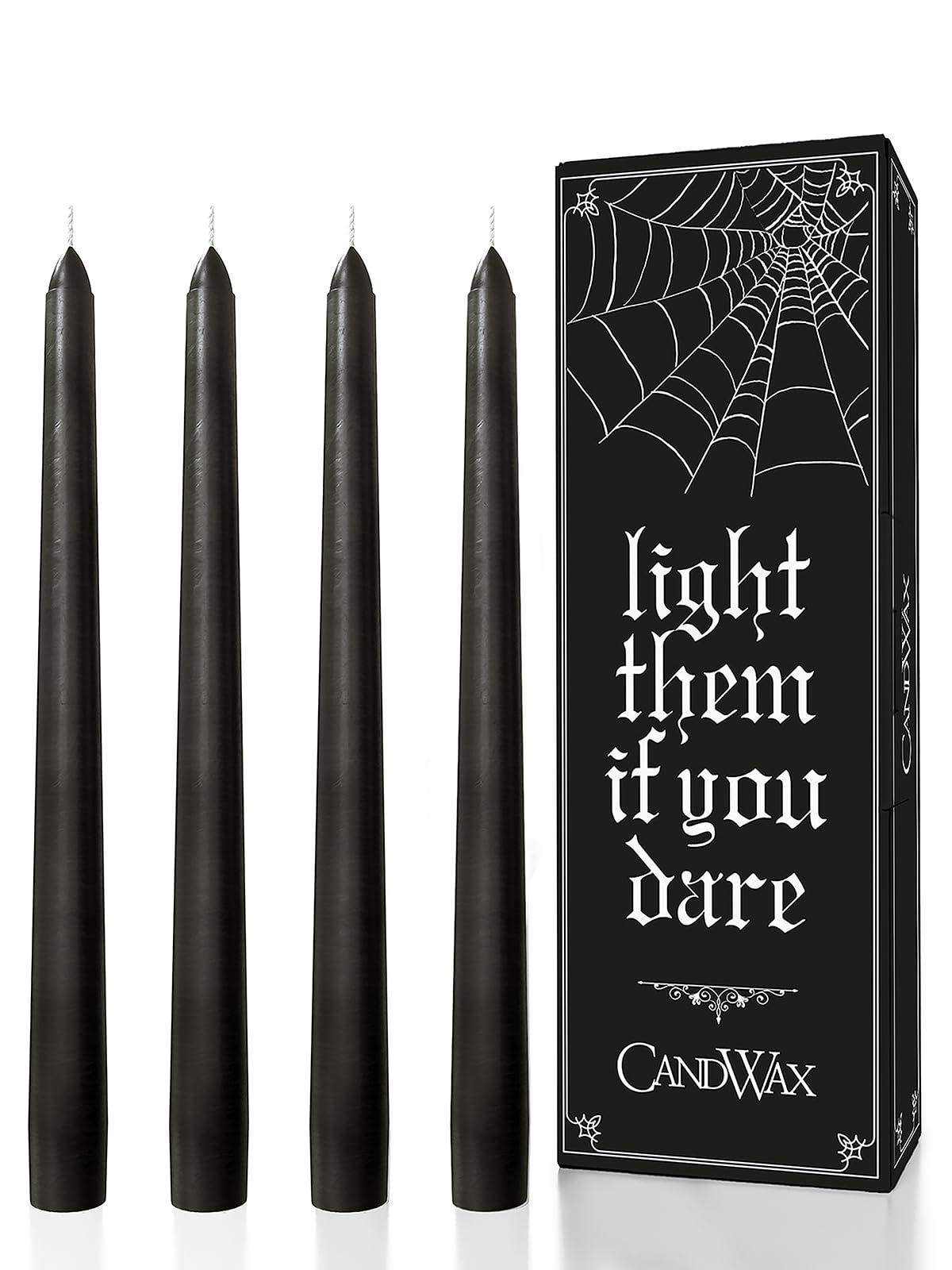 CANDWAX 10 inch Taper Black Candles Set of 4 — Dripless Tall Unscented Black Tapered Candle Sticks — Perfect for Household Decor, Dinner Centerpiece or Halloween Décor