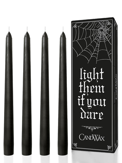 CANDWAX 10 inch Taper Black Candles Set of 4 — Dripless Tall Unscented Black Tapered Candle Sticks — Perfect for Household Decor, Dinner Centerpiece or Halloween Décor