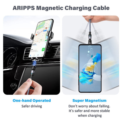 Aripps Magnetic Charging Cable 4 Pack (3.3ft/6.6ft/6.6ft/10ft), 540 Degree Rotating Magnet Phone Charger Cable, 3 in 1 Nylon Braided Magnetic USB Cable for Micro,Type C and iProduct Device