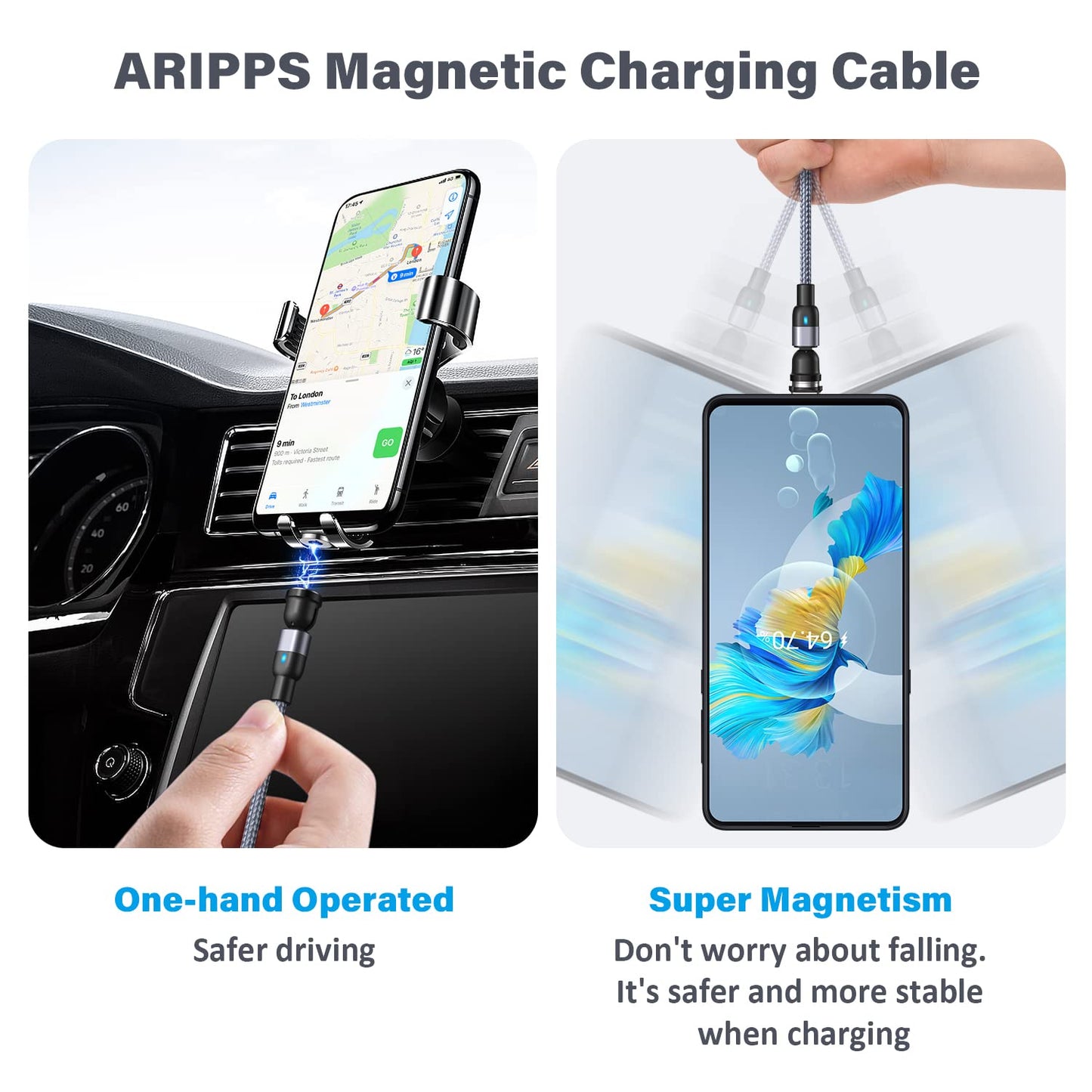 Aripps Magnetic Charging Cable 4 Pack (3.3ft/6.6ft/6.6ft/10ft), 540 Degree Rotating Magnet Phone Charger Cable, 3 in 1 Nylon Braided Magnetic USB Cable for Micro,Type C and iProduct Device