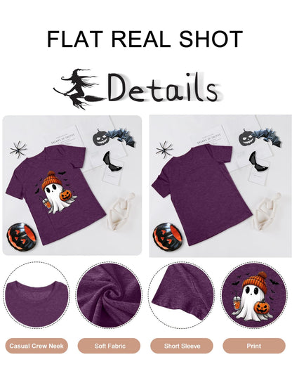 Womens Halloween Ghost Shirt Fall Cute Ghost Pumpkin Graphic Short Sleeve Tee Autumn Pumpkin Coffee T Shirt(M, Purple)