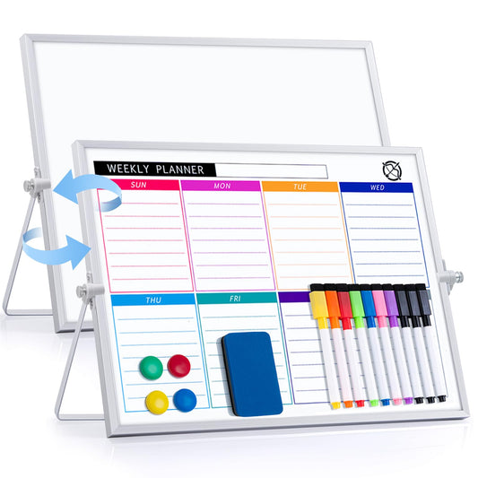 ARCOBIS Dry Erase White Board with Stand, 12" x 16" Weekly Double-Sided Desktop Whiteboard 10 Markers, 4 Magnets, 1 Eraser, Portable Magnetic Dry Erase Calendar for Planning, to Do List, Memo, School