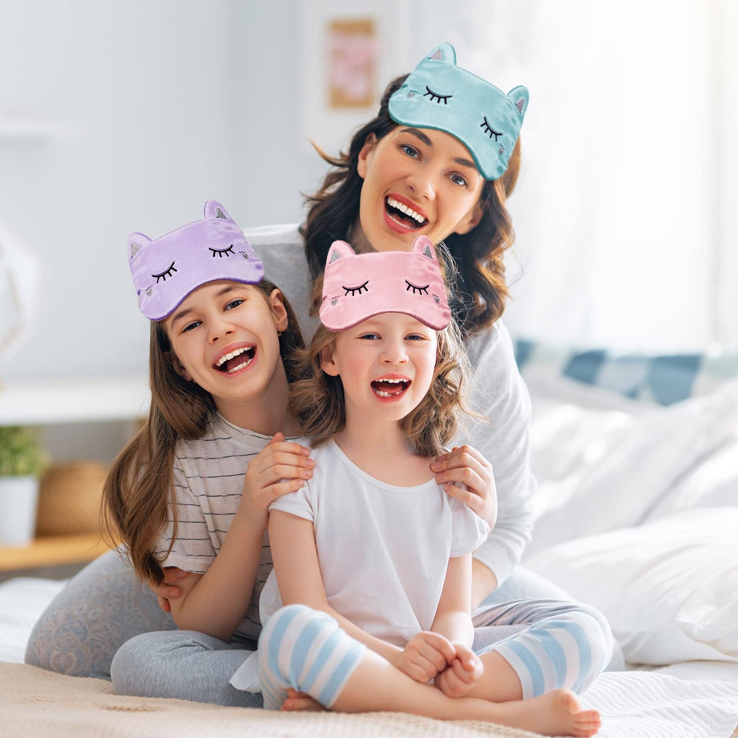 Haysandy Cute Animal Cartoon Eye Masks - 3 Pack (White, Gray, Pink) - Silk Material - Soft & Comfortable - Lightweight - Adult & Kids - Pull On - Sleep Masks