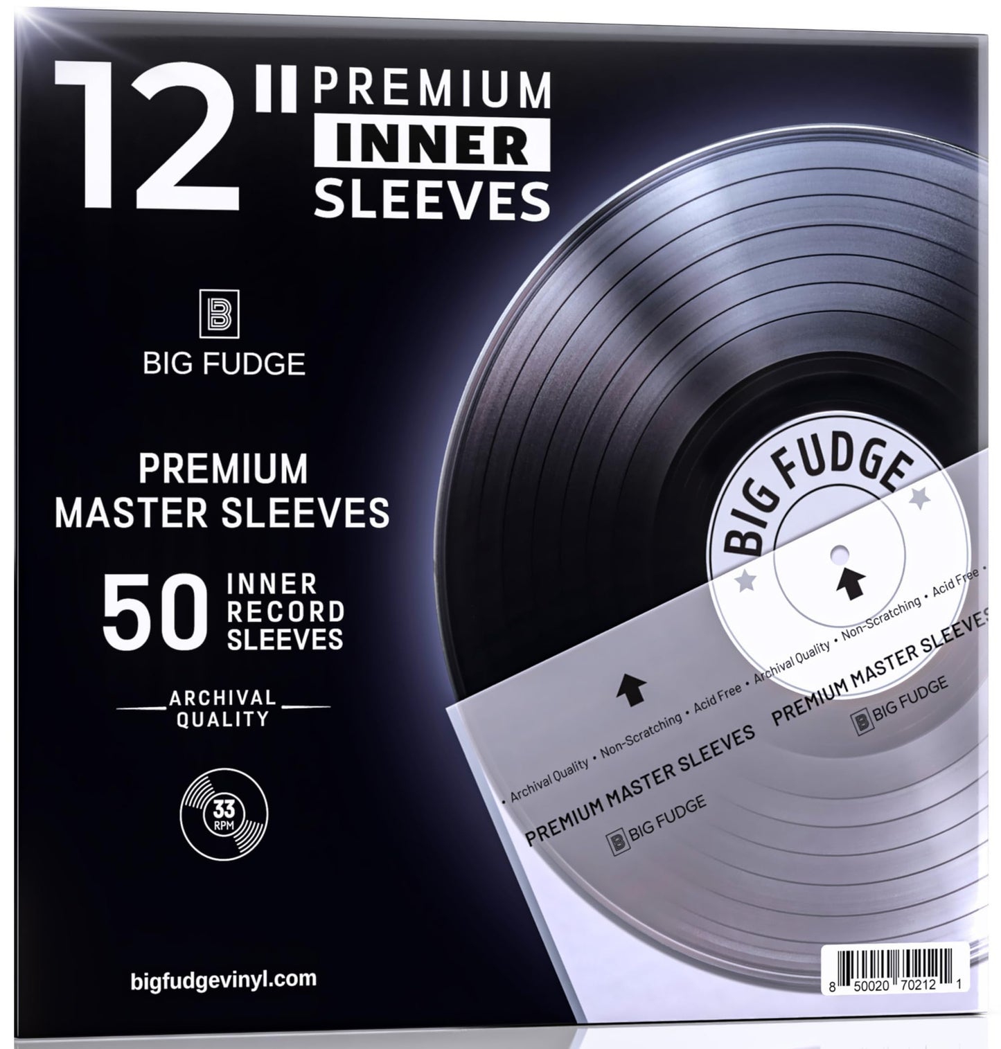 Big Fudge Vinyl Record Sleeves Inner - Clear 3-Ply Inner Sleeves for Vinyl Records 12" - Album Covers with Anti-Static Rice Paper - Acid Free Protective Outer Cover for - White, 50 Pack