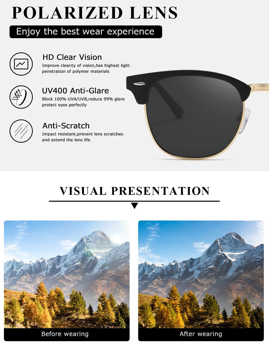 AEVOGUE Polarized Sunglasses For Women And Men Semi Rimless Frame Retro Sun Glasses AE0369 (Matte Black)