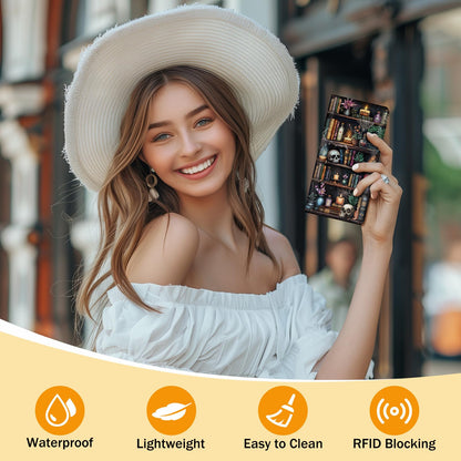 Immaturus Womens Wallet, Goth Skull Bookshelf Slim Thin RFID Blocking Credit Card Wallets, Long Bifold PU Leather Card Holder Organizer, Cash Clutch Billfold with Zipper Coin Pocket Ladies Girls Gift