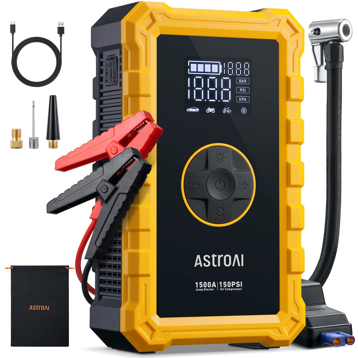 AstroAI S8 Air Jump Starter with Air Compressor, 1500A Car Battery Jumper Starter Portable (6.0 Gas/3.0L Diesel) with 150PSI Cordless Auto-Shutoff Tire Inflator, 12V Battery Charger Booster(Yellow)