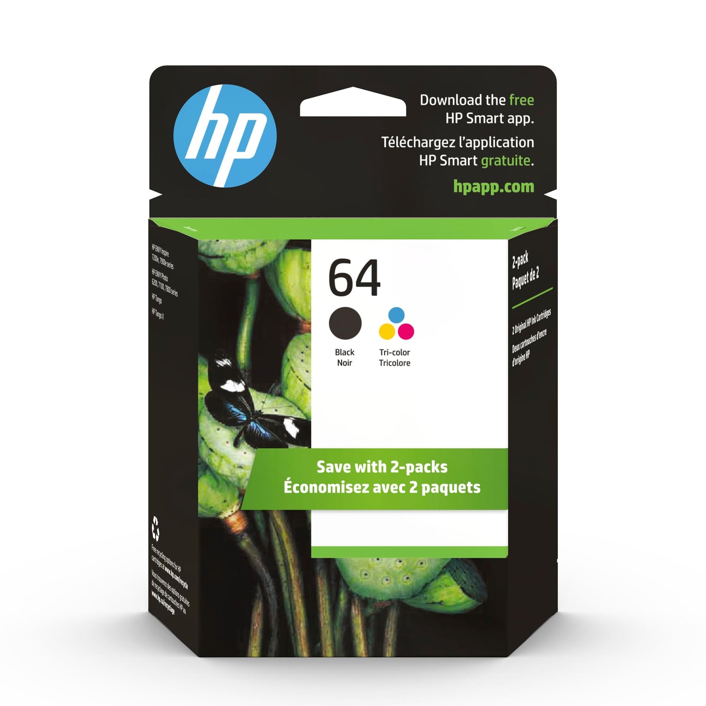 HP 64 Black & Tri-Color Ink Cartridges for HP Printers (Combo Pack) | Works with Printer Series: Inspire 7950e; ENVY Photo 6200, 7100, 7800; Tango | Eligible for Instant Ink | X4D92AN
