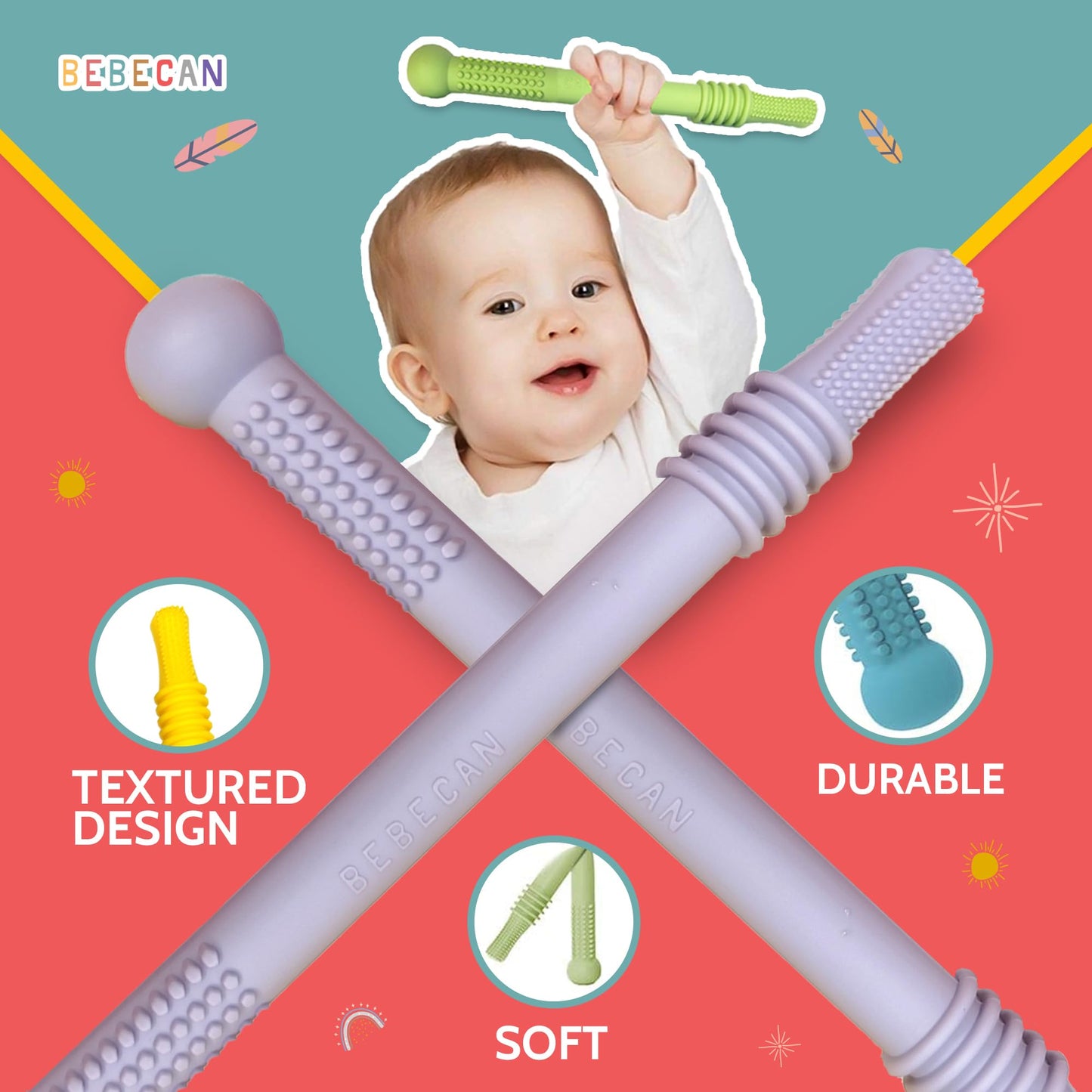 BEBECAN Teething Sticks for Babies 0-36 Months - Super Soft Silicone Teethers in 6 Vibrant Colors, Infant Teething Relief, Multicolored Teething Tubes Baby Gift Teethers