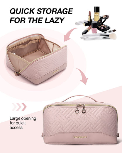 BAGSMART Makeup Bag, Travel Cosmetic Bags Water-resistent Makeup Case for Women Portable Pouch Open Flat Make Up Organizer for Toiletries, Brushes, Pink