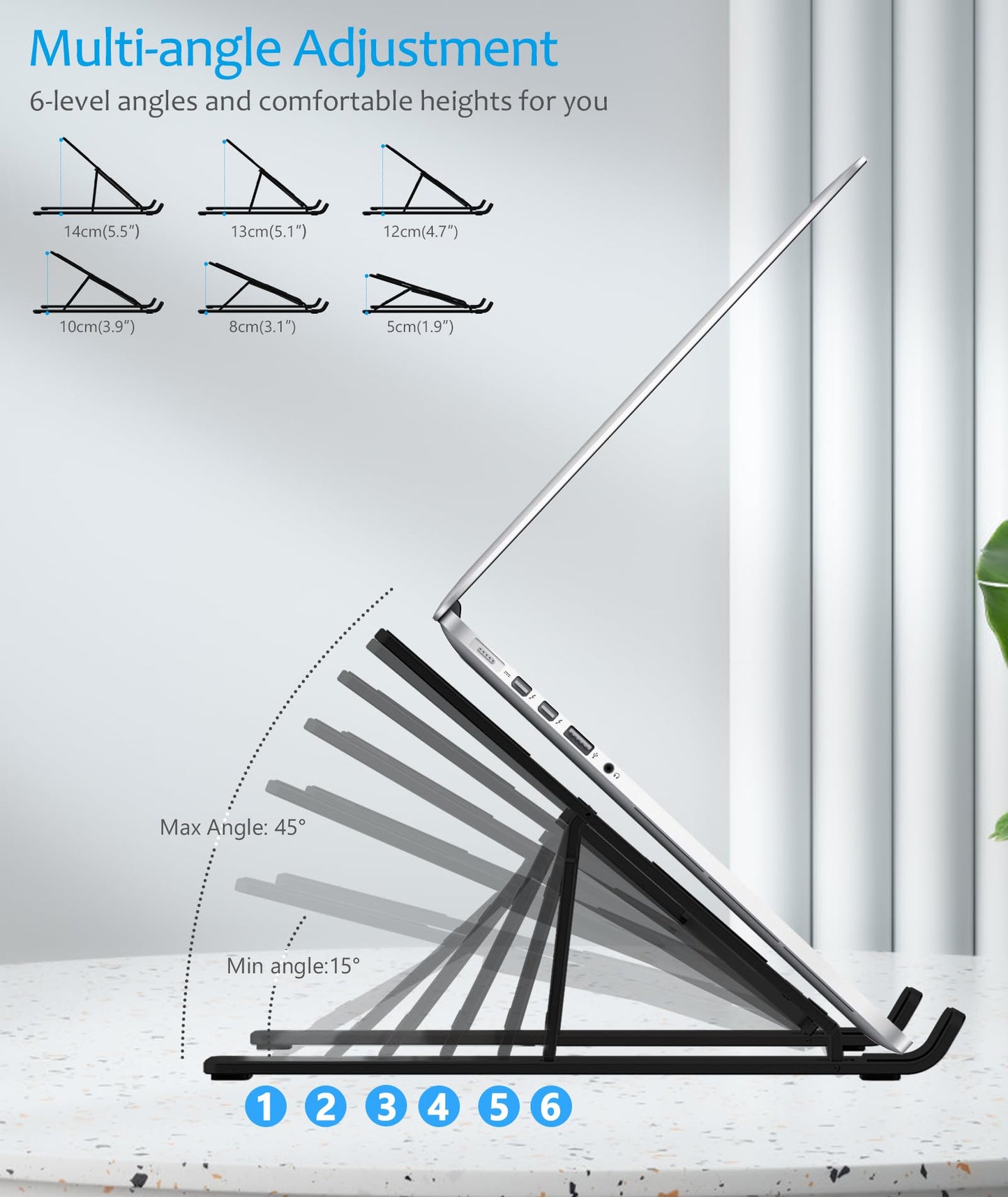 BoYata Laptop Stand, Portable Laptop Holder Computer Stand for Desk, Aluminum Foldable Laptop Riser with 6 Levels Height Adjustment, Compatible with MacBook, HP, Lenovo, Dell, 10-15.6" Laptops (Black)