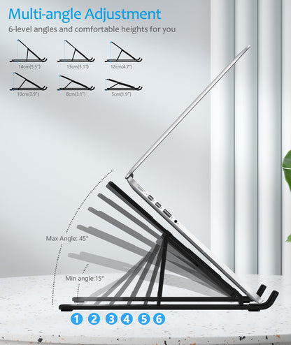 BoYata Laptop Stand, Portable Laptop Holder Computer Stand for Desk, Aluminum Foldable Laptop Riser with 6 Levels Height Adjustment, Compatible with MacBook, HP, Lenovo, Dell, 10-15.6" Laptops (Black)