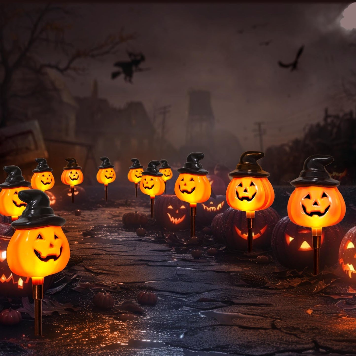 6 Pack Solar Jack O Lantern Stake String Lights - Orange Halloween Pathway Decor for Outdoor Halloween Yard Display