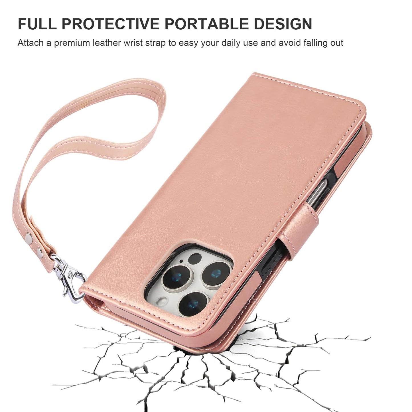 Bocasal for iPhone 16 Pro Wallet Case Compatible with MagSafe Wireless Charging, RFID Blocking Magnetic Leather Case with Card Slots Holder Kickstand Detachable Wrist Strap 6.3 Inch (Rose Gold)