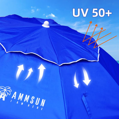 AMMSUN 6ft Folded Portable Travel Beach Umbrella with Sand Anchor Tilt Air vent UPF 50+UV Protection Fit In Suitcase Compact Foldable Telescopic umbrellas for Patio Garden Beach Pool Blue