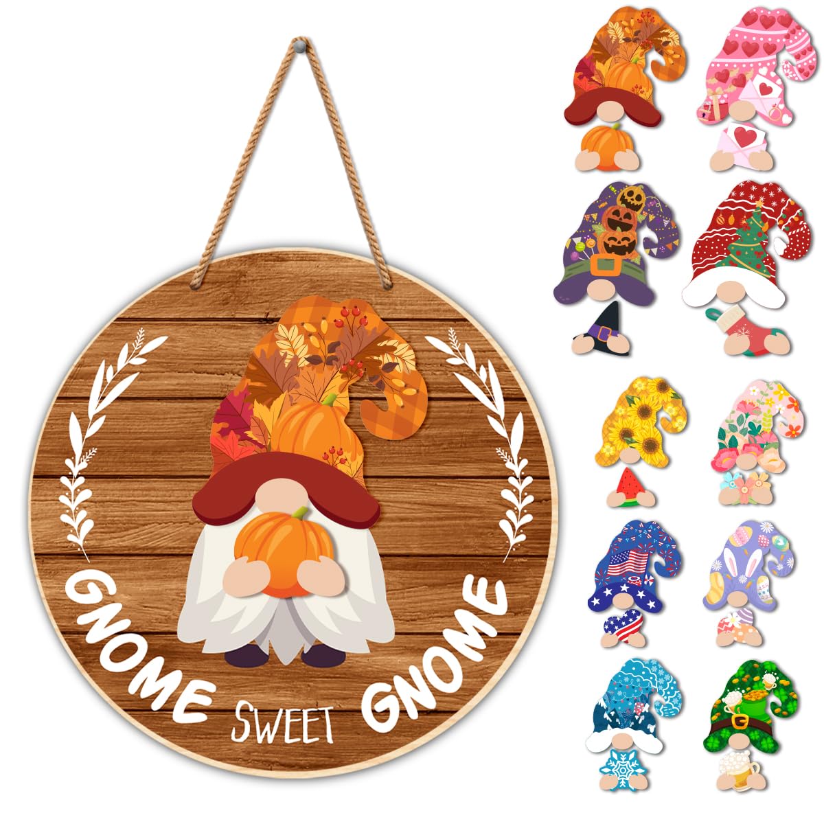 Interchangeable Gnome Welcome Sign Fall Halloween Front Porch Decor Seasonal Wood Gnomes Door Decorations Changeable Wall Hanging Wreath for All Seasons Holiday Christmas (21 Pcs)