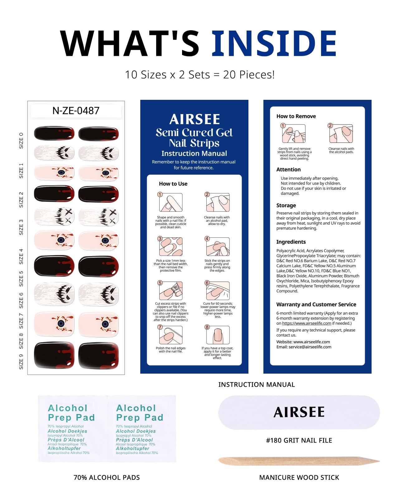 AIRSEE Semi Cured Gel Nail Strips Kit(Blood Moon)-Works with Any UV Nail Lamps Light,Halloween Long Lasting, Easy to Apply & Remove - Includes 20Pcs 2 Prep Pads, Nail File & Wooden Stick