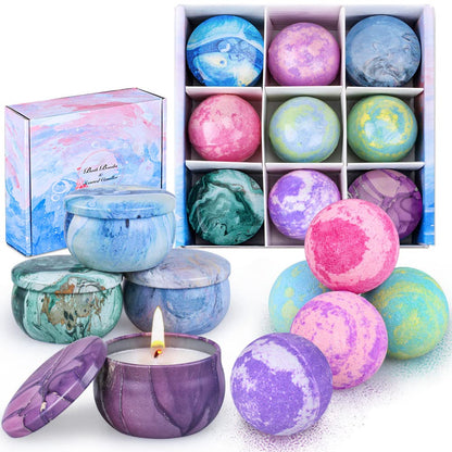 Bath Bombs Gift Set - 5 Large Fizzy Spa Bombs with 4 Scented Candles for Women - Moisturizing Bubble Bath with Essential Oils for Valentine's, Birthday Gifts