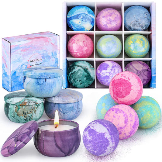 Bath Bombs Gift Set - 5 Large Fizzy Spa Bombs with 4 Scented Candles for Women - Moisturizing Bubble Bath with Essential Oils for Valentine's, Birthday Gifts