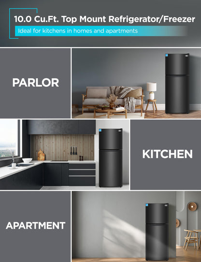 BLACK+DECKER 10 Cu. Ft. Top Mount Refrigerator with Freezer, 2 Door Refrigerator with Top Freezer and Adjustable Temperature Control, ENERGY STAR,BR1000HB, Black