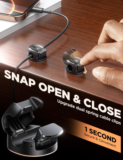 8Pack Cord Organizer [Dual Spring & Clasp, Max Secure] Cable Clips - Chfeila Cable Management, Adhesive Phone Charging Wire Holder for Nightstand/Wall, Home Office Desk Accessories Decor Essentials