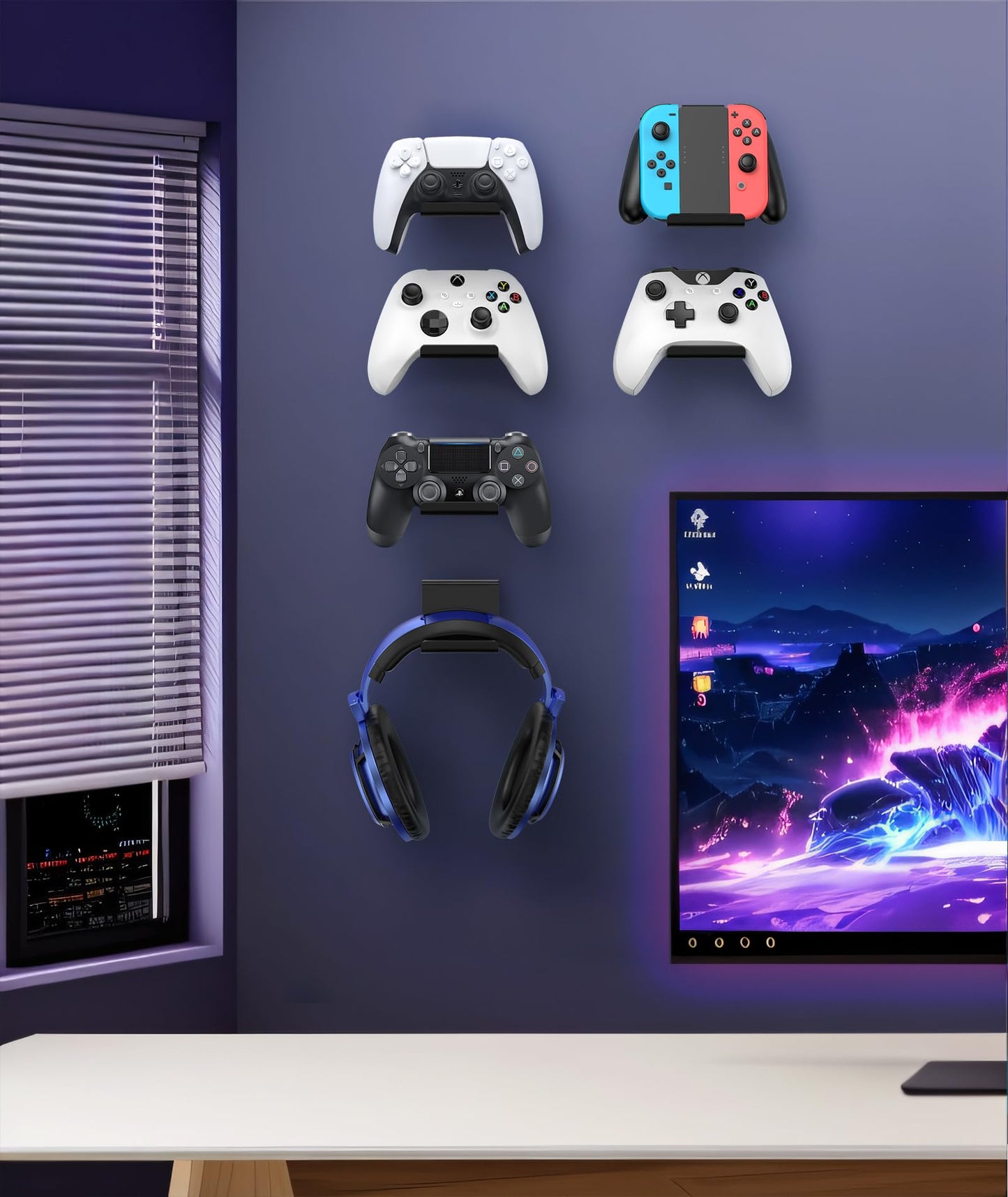 6 Pack Foldable Controller Wall Mount Holder for Xbox PS5 PS4 PS3 Switch Pro Strong Adhesive/Screw Upgraded Controller Stand Hanger with Anti-slip Pad Universal Gaming Remote, Headphone Accessories