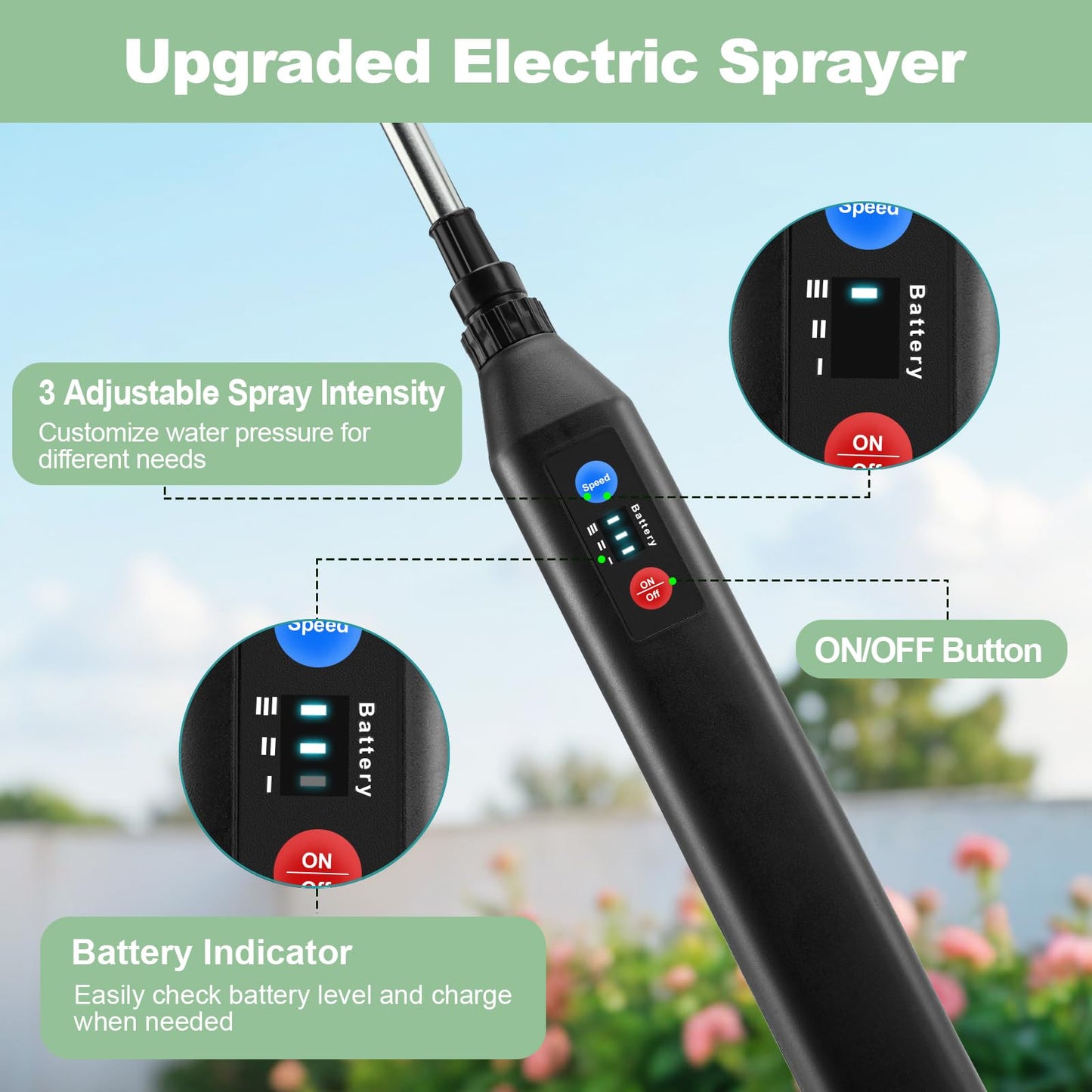 Battery Powered Sprayer 1.35Gallon/5L, 2025 Upgraded Electric Sprayer in Lawn and Garden with 3 Adjustable Force, Battery Indicator, Rechargeable Handle, Telescopic Wand,3 Mist Nozzles,Shoulder Strap