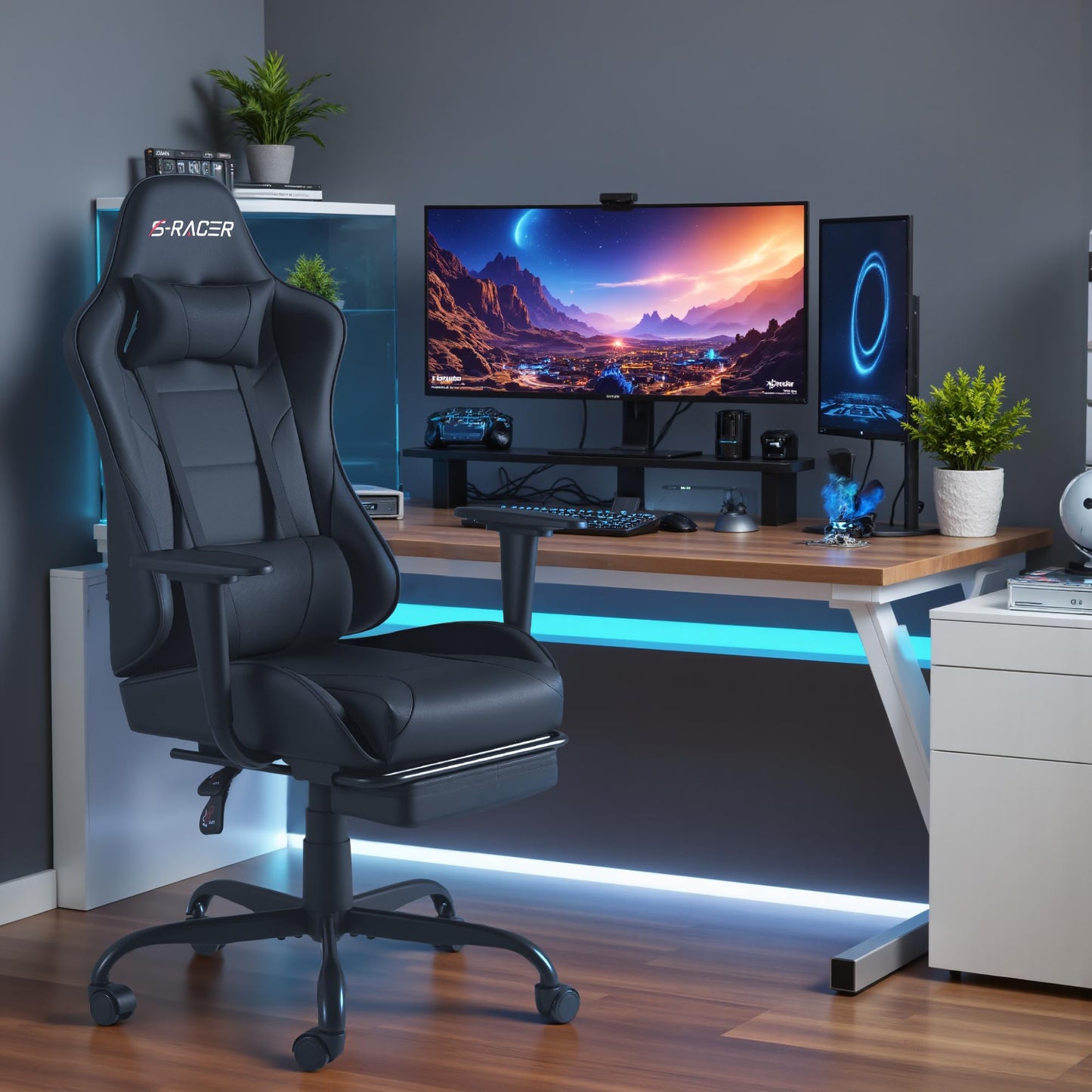 Homall Gaming Chairs, Computer Chair with Footrest and Massage Lumbar Support, Height Adjustable Game Chair with Headrest and Swivel Seat (Black)