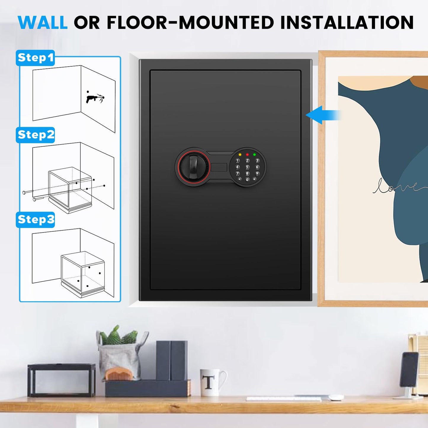 3.4 Cub Large Home Safe Fireproof Waterproof, Anti-theft Fireproof Safe Box with Digital Keypad, Spare Keys and Alarm System, Fire Safes for Home Document Money Valuables