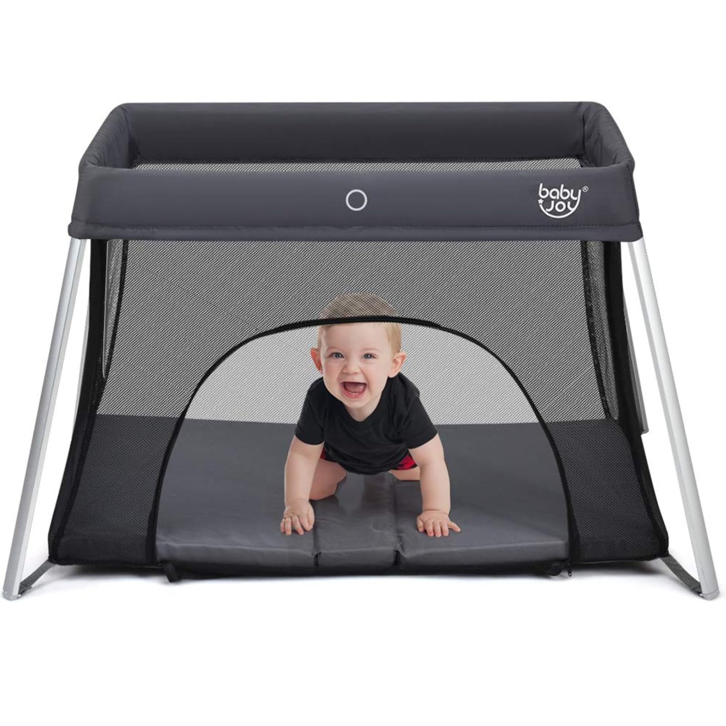 BABY JOY Baby Foldable Travel Crib, 2 in 1 Portable Playpen with Soft Washable Mattress, Side Zipper Design, Lightweight Installation-Free Home Playard with Carry Bag, for Infants & Toddlers (Grey)