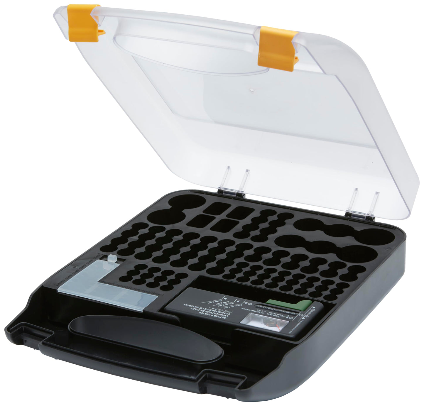 Amazon Basics Battery Organizer with Tester, Wall-Mounted Design, Handle Holds 110 Batteries, Clear/Black