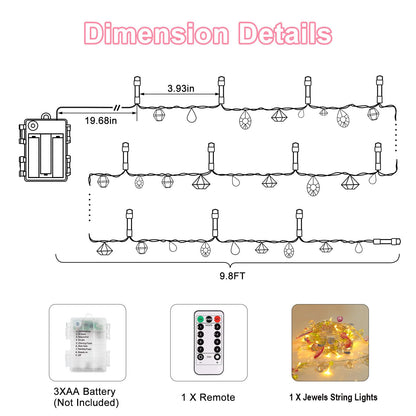 Battery Operated Fairy String Lights, Acrylic Gems Jewels String Lights with Remote 8 Modes Timer Function,30 Warm White LED Battery Powered Fairy Lights for Bedroom Party Decor