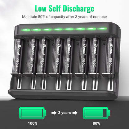 BONAI AA Rechargeable Batteries 2800mAh 8pack with Smart Charger for AA AAA C D NiMH Battery