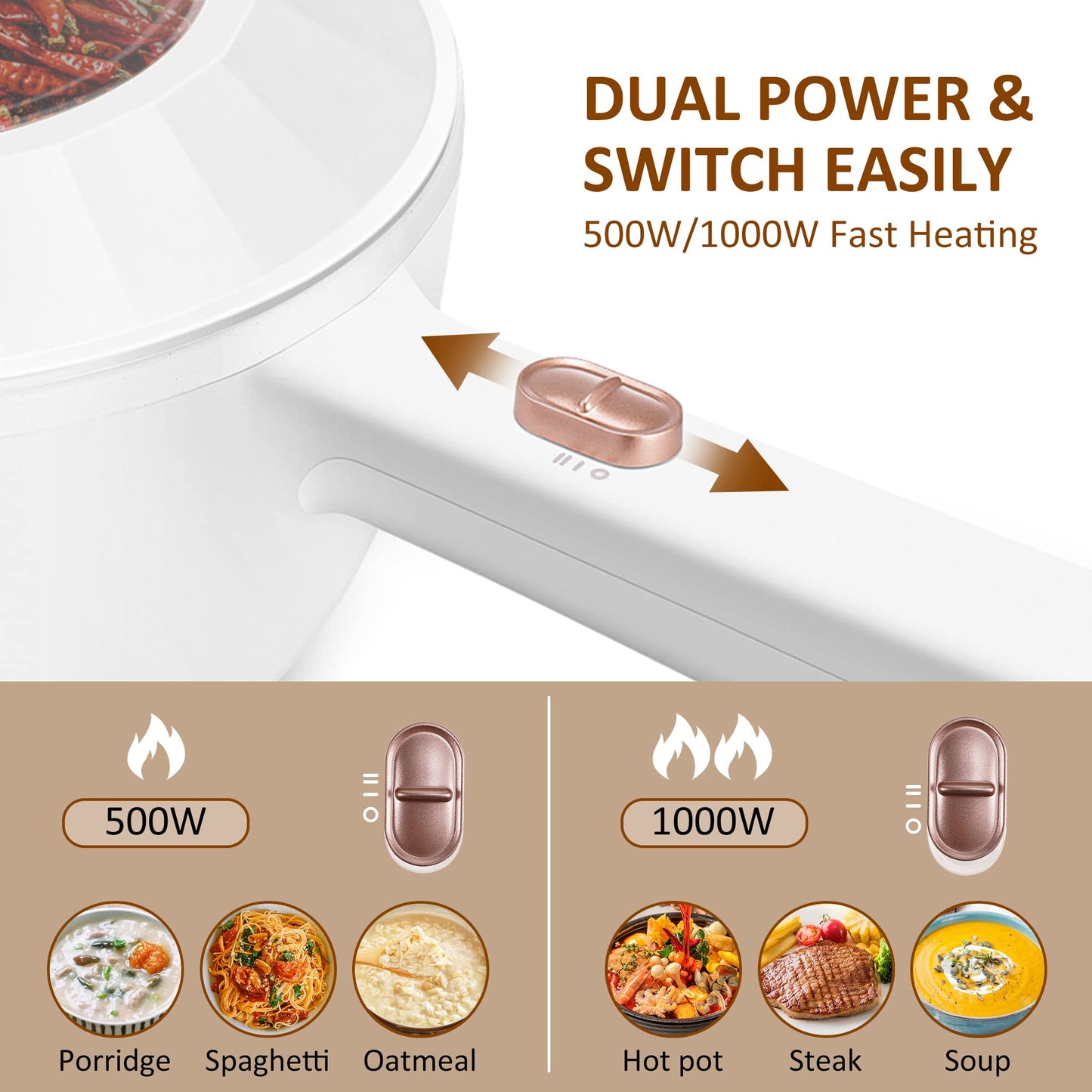 Bear Hot Pot Electric, 2L Multifunctional Portable Cooking Pot, 1000W Rapid Noodles Electric, Non-Stick Frying Pans for Steak, Egg, Ramen, Oatmeal With Dual Power Adjustment