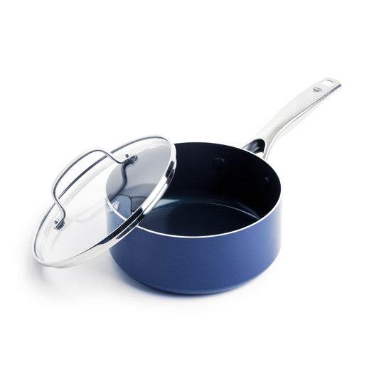 Blue Diamond Nonstick 2QT Saucepan with Lid, Non Toxic PFAS-Free Diamond Ceramic, Dishwasher & Oven Safe, Metal Utensil Safe Pot, Stay Cool Handle, Chef Pan, Glass Lid, Blue