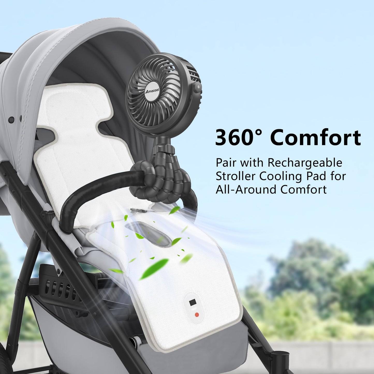 AMACOOL Battery Operated Stroller Fan Flexible Tripod Clip On Fan with 3 Speeds and Rotatable Handheld Personal Fans for Car Seat Crib Bike Treadmill (Black)