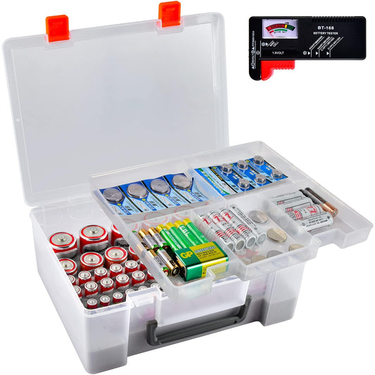 Battery Organizer Holder with Batteries Tester Checker, 120+ Storage Containers Box Case Fits for AA AAA 9V C D Lithium 3V LR44 CR2016 CR1632 CR2032 CR2025 (Batteries Not Includes) -Transparent