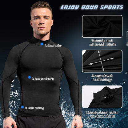 2/3 Pack Men's Compression Shirts Long Sleeve Workout Shirts Mock Turtleneck Athletic Base Layer Active Undershirts Tops