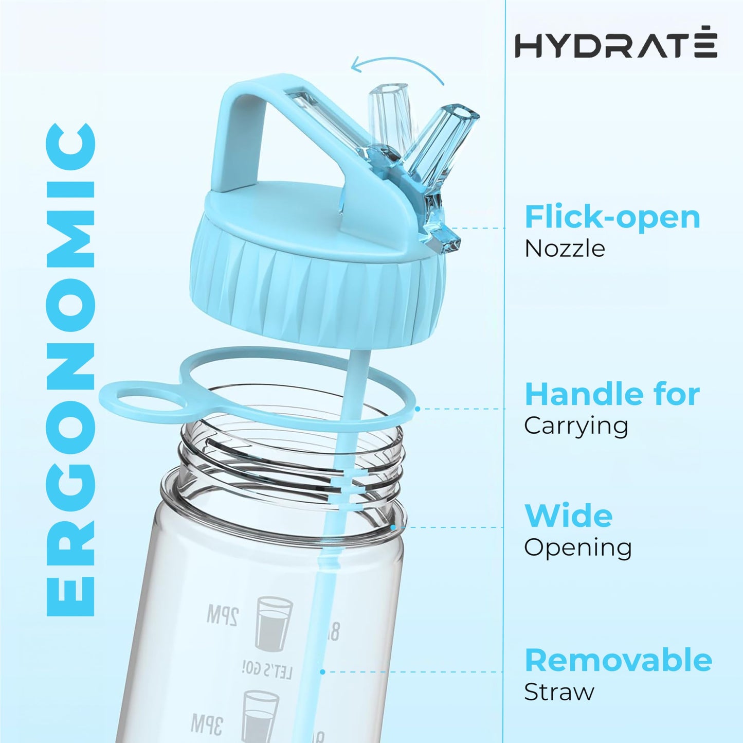 HYDRATE Water Bottles Motivational premium 30oz water bottles with straw - Daily water intake with Time Markings, BPA-Free. Leak proof Ideal for hydration at office, gym (Sky Blue)