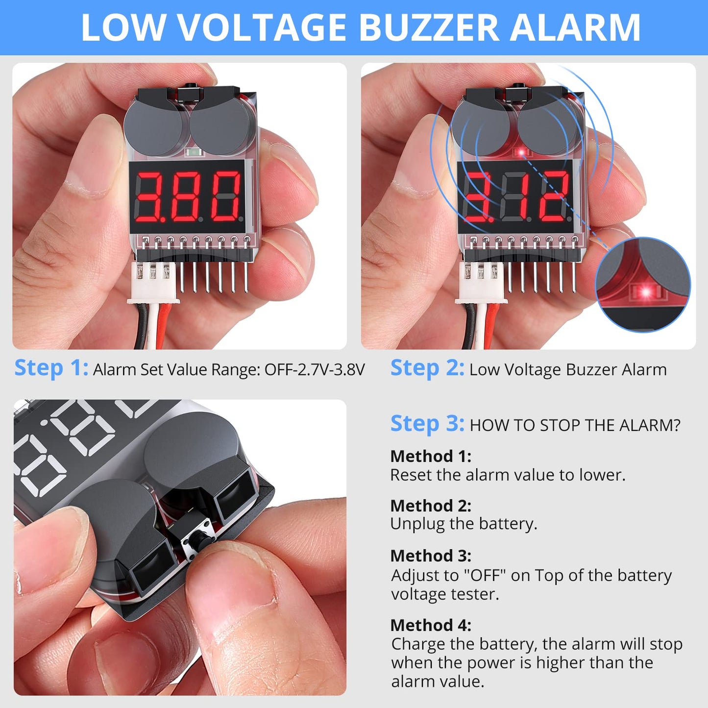 CAMWAY 5PCS 2in1 1-8s Lipo Battery Voltage Tester,RC Low Voltage Buzzer Alarm,Battery Monitor Checker Tester for 1-8s Lipo/Li-ion/LiMn/Li-Fe