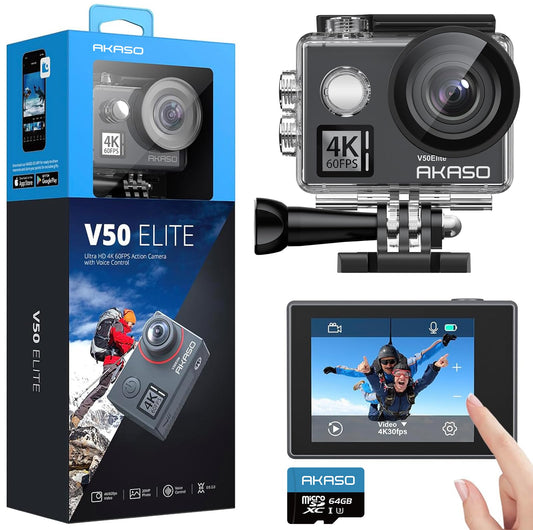 AKASO V50 Elite 4K60fps Touch Screen WiFi Action Camera Voice Control EIS 131 feet Waterproof Camera 8X Zoom Remote Control (with 64GB MicroSD Card)