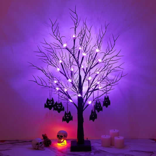 Beterzack 2FT Black Halloween Tree, Spooky Tree with 20 Spider & 24 Purple Lights and 6 Bat Decorations Battery Powered Tabletop Bonsai Tree Decoration for Halloween and Indoor