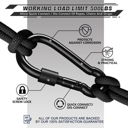 AUTMATCH Carabiner Clips, 3" Carbon Steel Spring Snap Hook Caribeener Clips Buckle Pack Grade Heavy Duty Carabiners Quick Link for Camping, Fishing, Hiking, Traveling, Locking Black, 4 Pack