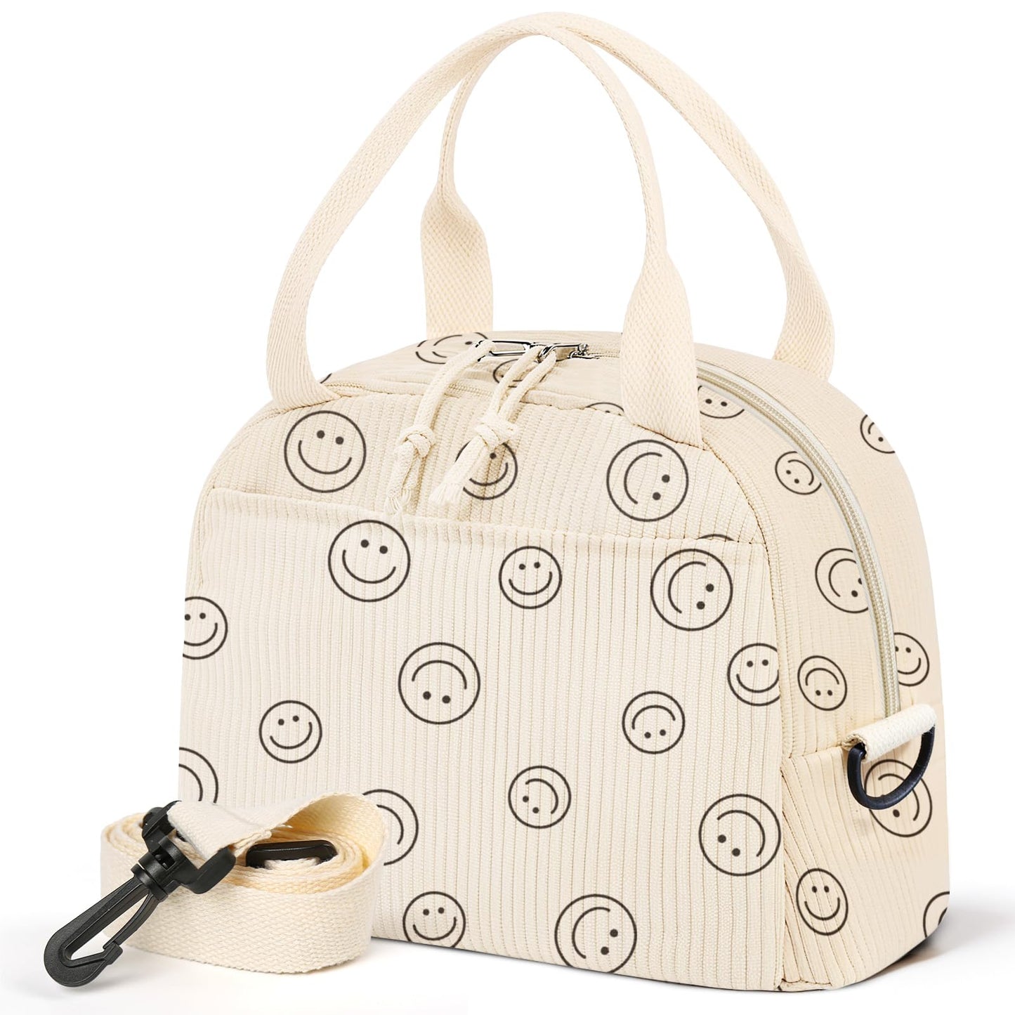 WOBAGMEN Lunch Box for Women,Smiley Lunch Bag Cute Corduroy Insulated Lunch Box With Shoulder Strap for Adult Womens for Work Picnic(smiley)