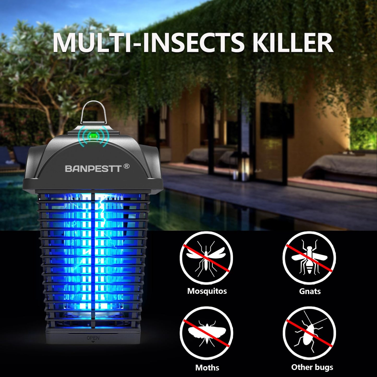 BANPESTT Bug Zapper Outdoor, Mosquito Zapper with Dusk-to-Dawn Light Sensor, Waterproof Fly Zapper, Electric Mosquito Killer for Garden, Patio, Balcony, Courtyard(Black