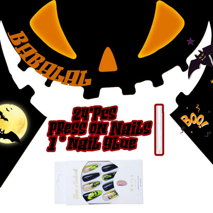 BABALAL Halloween Press on Nails Long Coffin Fake Nail Black Glue ons Green French Tip Ghost Design Acrylic False Nails Ballerina 24Pcs Manicure Full Cover Artificial