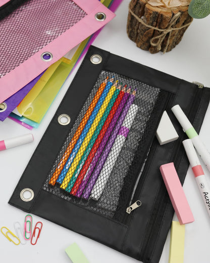 ASBEFORE Pencil Pouch for 3 Ring Binder - 3 Hole Zipper Pen Case Bag Holder Bulk Accessories Clear Window Aesthetic Organizer Pockets (Black, 1)