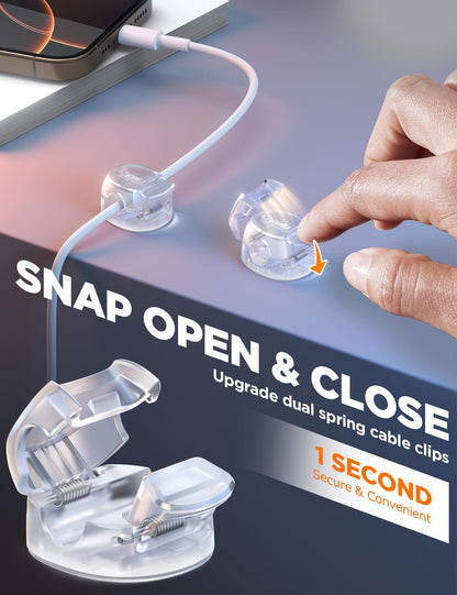 Cable Clips, Chfeila 6Pack Dual Spring Cord Organizer with Clasp Lock, [Max Stability] Desk Cable Management, Adhesive Phone Charging Wire Holder for Nightstand/Car/Wall, Office Accessories Decor