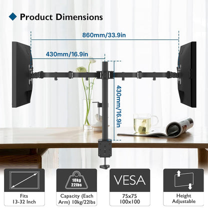 BONTEC Dual Monitor Desk Mount, Full Motion Adjustable Monitor Stand for 13–27 Inch Screens, Heavy Duty Arms Hold Up to 22 lbs Each, VESA 75x75/100x100 mm, C Clamp and Grommet Base, Cable Management
